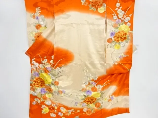 84600# Japanese Kimono / Antique Furisode / Embroidery / Flower Basket