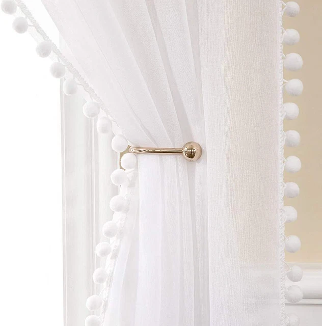 1-4 Window Screening Gauze Tulle Drape Sheer Ball Pompom Voile Valance Curtains