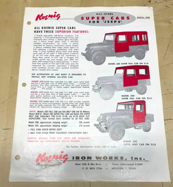 Vintage Original Koenig All-Steel Cabs for Willy Jeeps Sales Ad Brochure 1858