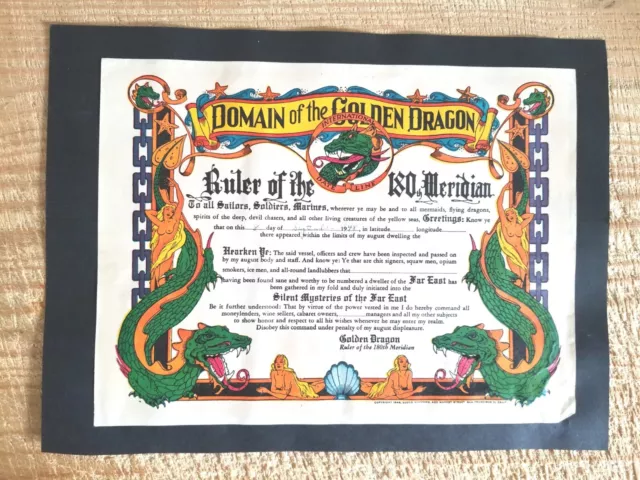 US NAVY 1949 Certificat-DOMAIN of  GOLDEN DRAGON USAT MERMAIDS GLUED ON PAGE*EH1