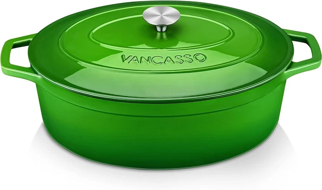 Vaso in ghisa vancasso, piatto casseruola 8 litri verde ovale smaltata 37 cm verde