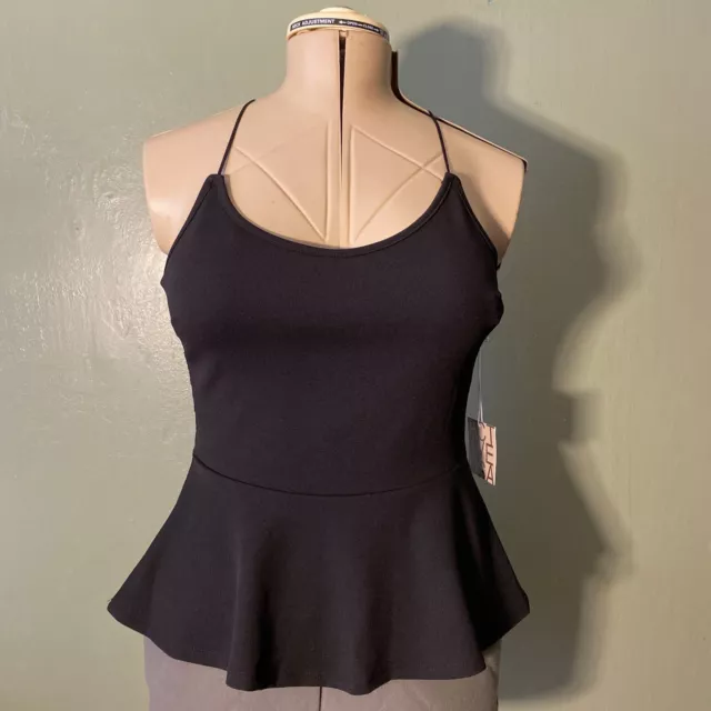 Active USA NWT Black Sleeveless Top Peplum Waist Lace Back Size Medium Keyholes