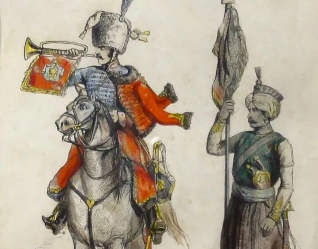 LACOSTE (XIX) h-kolor. Gravur ~1850: Napoleons Garde, Fahnenträger & Jäger