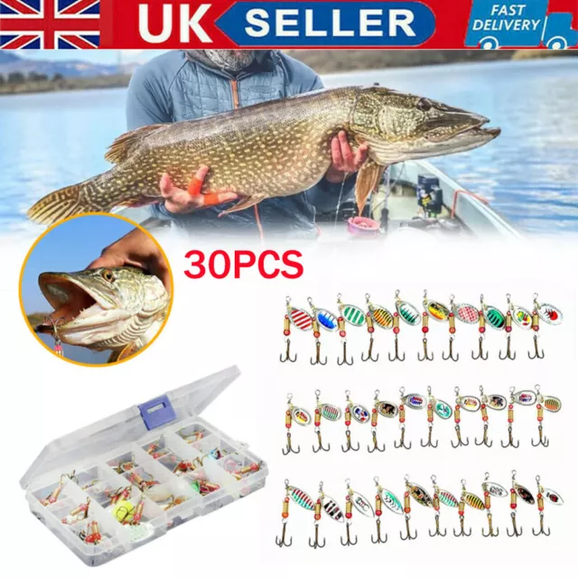 30x Metal Spinners Fishing Lures Sea Trout Pike Perch Salmon Bass Tackle Box Set