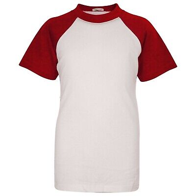 Bambini Ragazzi Rosso T-Shirt Tinta Unita American Baseball Corto Raglan Maniche