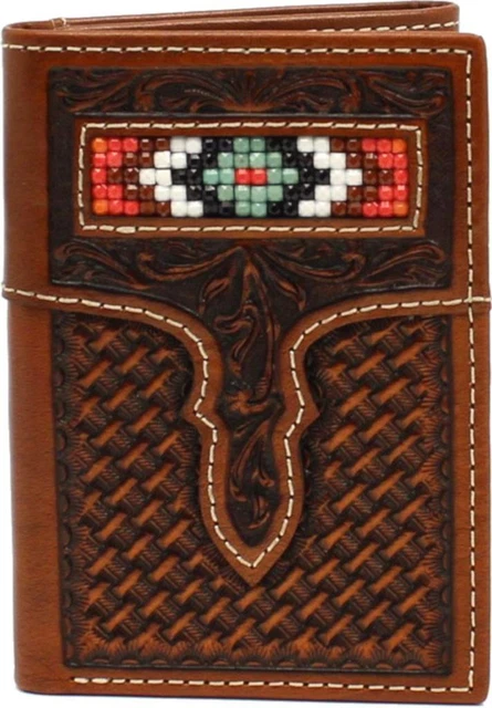 Nocona Western Mens Wallet Leather Trifold Weave Beads Inlay Tan N500022008