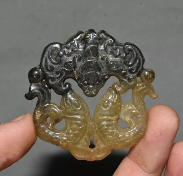 5CM Hongshan Kultur Alte Jade Fledermaus Doppel Fisch Yubi Amulett Anhänger