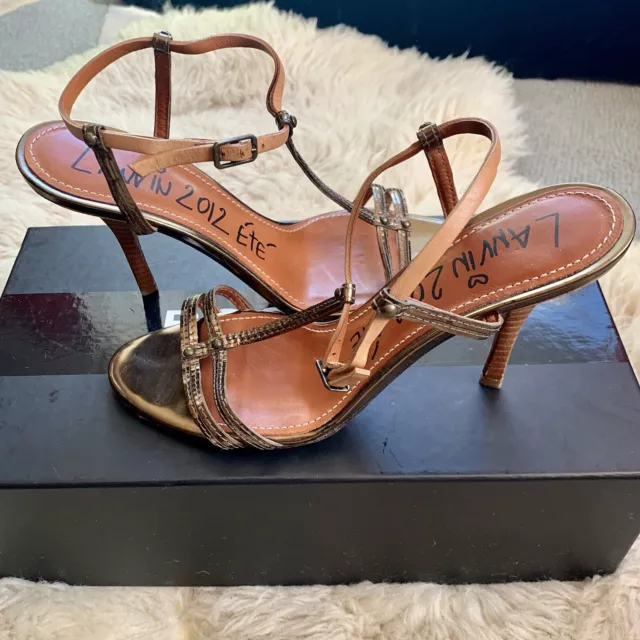 Lanvin T-strap Heels Sandals Strappy Metallic Leather Ete 2012 Italy Bronze 38 7 2