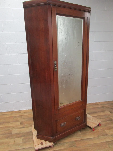 Lovely Antique Edwardian Walnut Door Mirrored  1  Drawer Corner Wardrobe 2