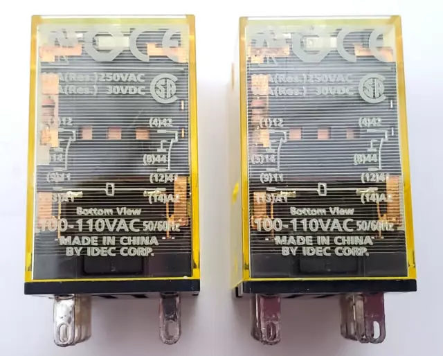 Lot of 2 Idec RU2S-C-A100 Ice Cube Relays 100-110 VAC 10 Amp DPDT 8 Pin Plug In