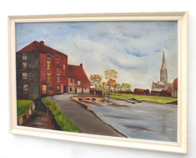 Old Mill Hotel, Salisbury Cathedral Framed Oil Painting Signed Mary Ratcliffe 3