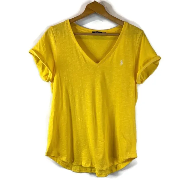 Polo Ralph Lauren Womens Preppy Logo Top Size Large Yellow Short Sleeve V-Neck