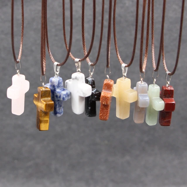 Fashion Gemstone Cross Pendant Necklace Healing Stone Gifts Quartz Point Chakra