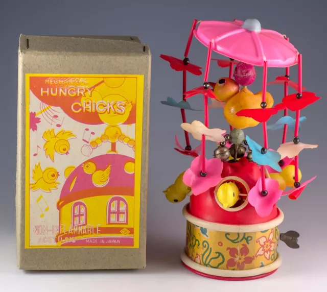 Vintage Celluloid Wind Up Mechanical Hungry Chicks Merry Go Round With Box 1950s