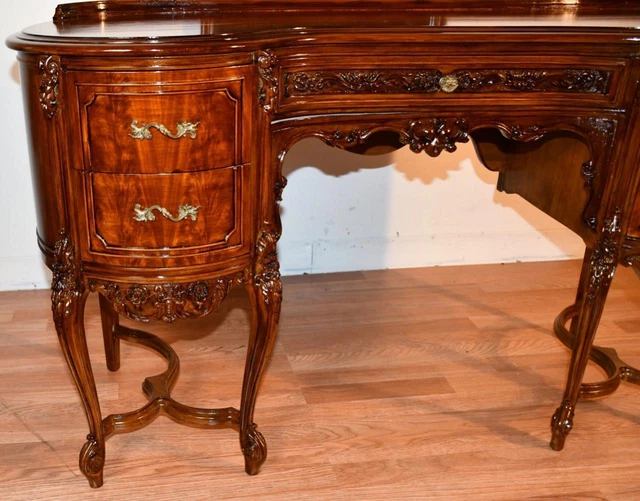 1920 Antique French Louis XV carved Walnut Vanity ladies Desk Mirror & Chair SET 14
