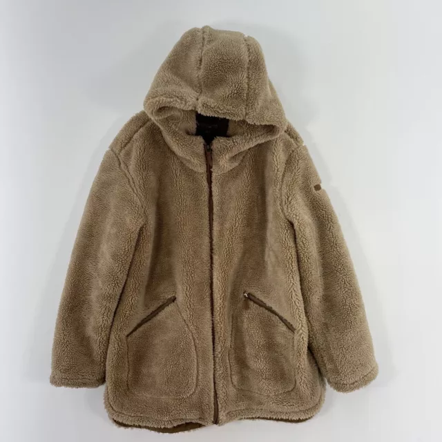 UGG Koolaburra Teddy Brown Faux Suede Sherpa Lined Hooded Coat Jacket Womens L