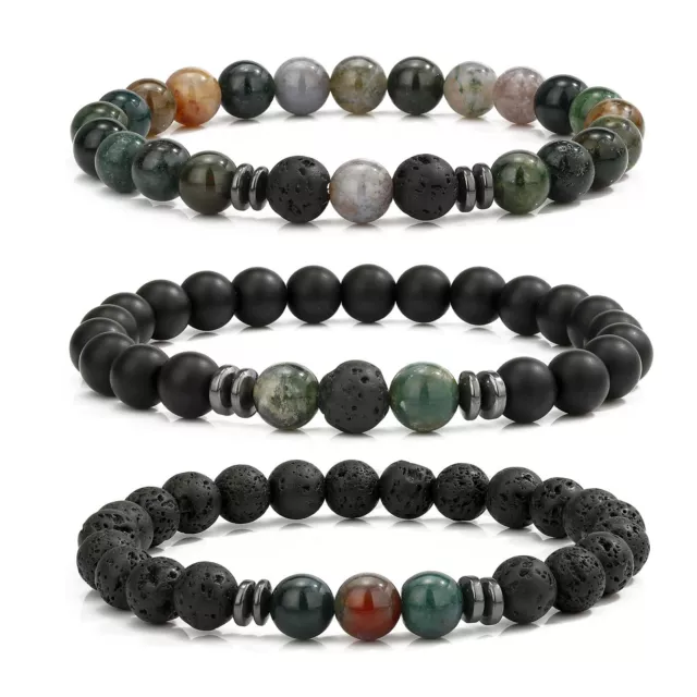 3Pcs Indian Agate Beads Bracelet for Women Men Natural stone Lava Classic Bless