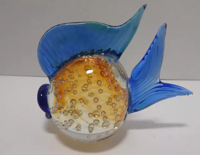 Art Glass Bubble Fish Hand Blown Paperweight Murano Style Cobalt Blue