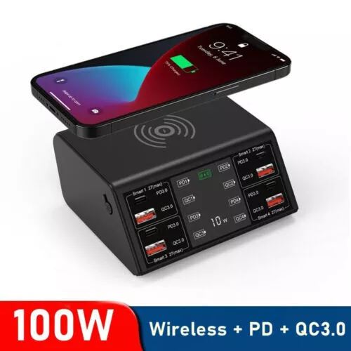 100W 8 Ports Multi USB PD QC3.0 Fast Charger Phone Wireless Charging Station