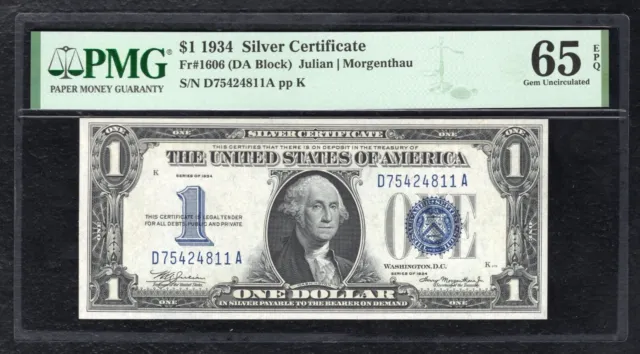 Fr. 1606 1934 $1 “Funnyback” Silver Certificate Note Pmg Gem Uncirculated-65Epq