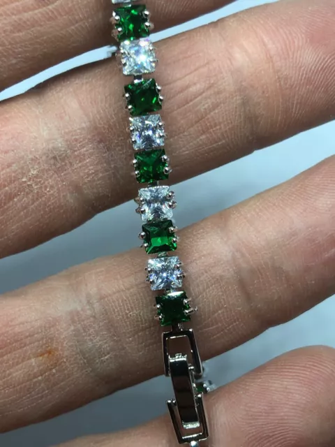 Sterling Silver  925 Green Lab-Created Emerald White Topaz Tennis   Bracelet