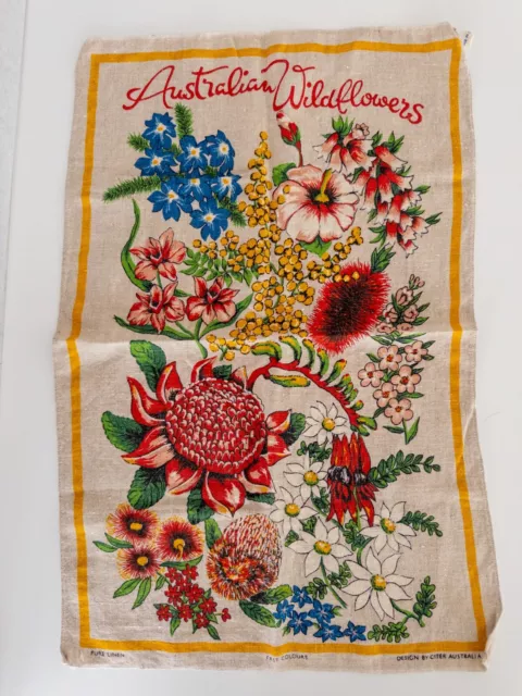 Vintage Australian Wildflowers Linen Tea Towel Kitchen Decor Souvenir