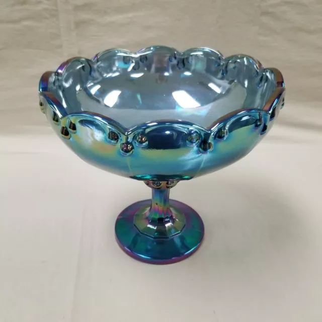Vintage Indiana Glass Blue Iridescent Carnival Pedestal 7.25" Tall Fruit Bowl