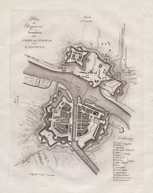 Bayonne Nouvelle-Aquitaine cité France city plan Stadtplan gravure 1810