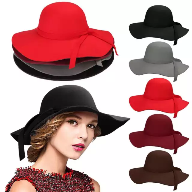 Women Vintage Wide Brim Floppy Warm Wool Felt Bowler Fedora Hat Floppy Beach New