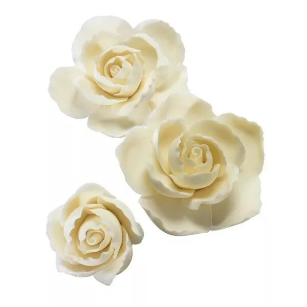 6 rosas individuales crema con volantes pasta de goma flores fondant azúcar marfil