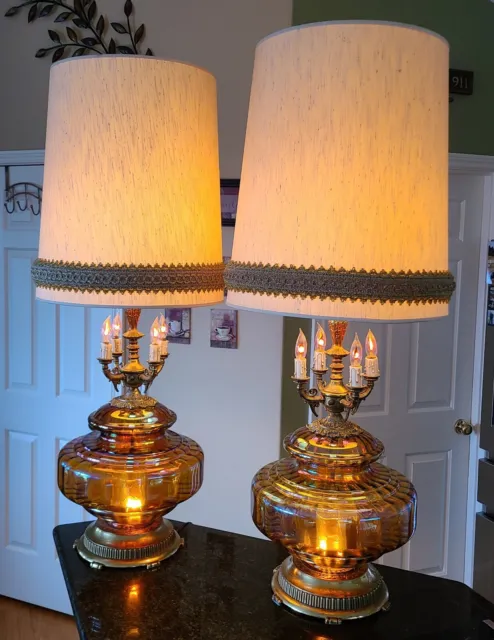 Mid Century Modern Hollywood Regency Iridescent Amber Glass Table Lamps PAIR XL