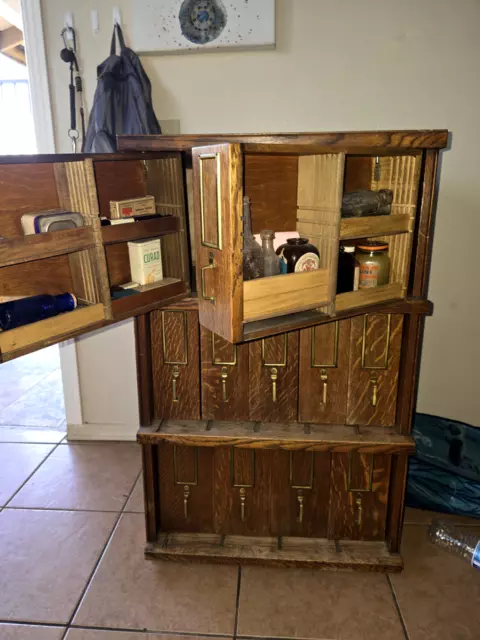 Antique Oak Wooden Wood Medicine Cabinet Chest Old Pharmacy Vintage Bathroom.