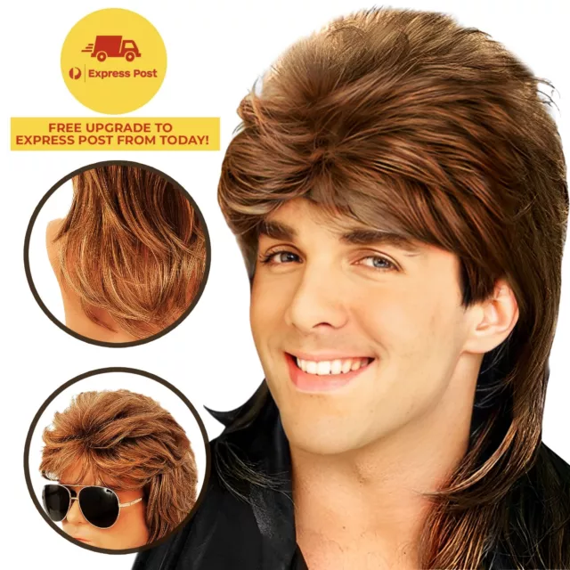 Mens Wig Mullet Golden Brown Party Wigs 70s 80s Costume Cosplay Rock Adults Hair