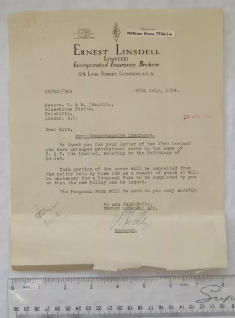 1954 LETTER ERNEST Lindsell, insurance broker, London EUR 2,11