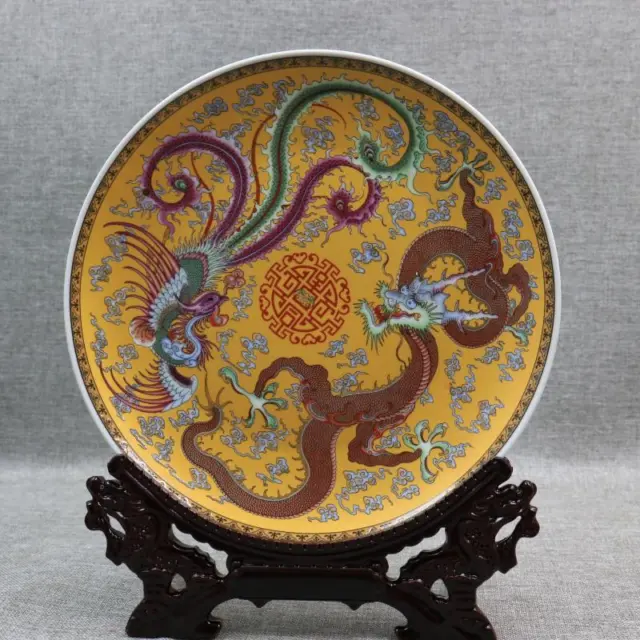 Chinese Porcelain Qing Qianlong Famille Rose Dragon Phoenix Plates 10.23 Inch
