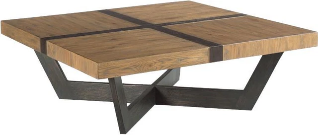 Cocktail Table WOODBRIDGE Low Square Top X-Base Brass Oak Inlay Inlaid