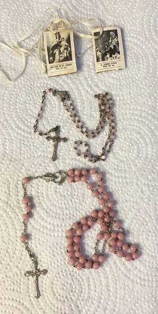 Lot Of 2 Vintage Rosary Sterling Silver Pink Bead Cross Crucifix Necklace Box