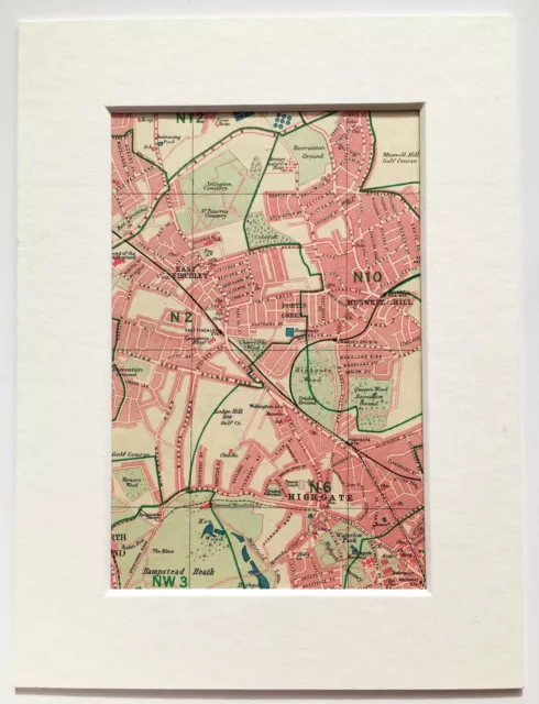 Vintage 1940s London Map - Mounted - Colour - HIGHGATE MUSWELL HILL FINCHLEY