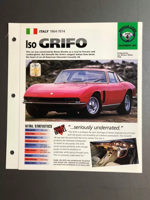 1964 - 1974 Iso Grifo Coupe IMP "Hot Cars" Spec Sheet Folder Brochure Awesome