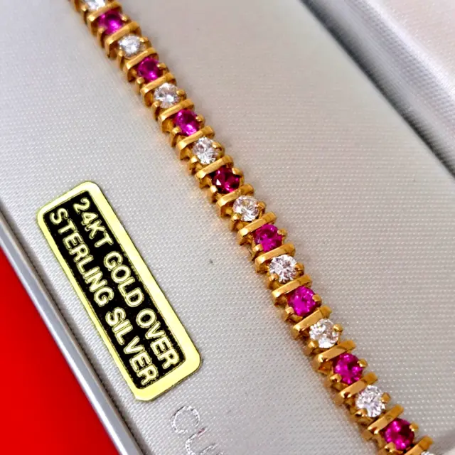 Lord & Taylor FAS 24Kt Gold Over Sterling Silver Pink & Clear CZ Tennis Bracelet