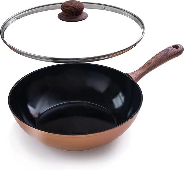 Sartén Wok de inducción antiadherente Nuovva - sartén para freír agitación profunda con tapa de vidrio - 28