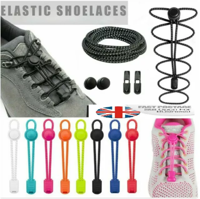 No Tie Shoe Laces Lazy Elastic Round Shoelaces Lock Adults Kids Sports Trainers 3