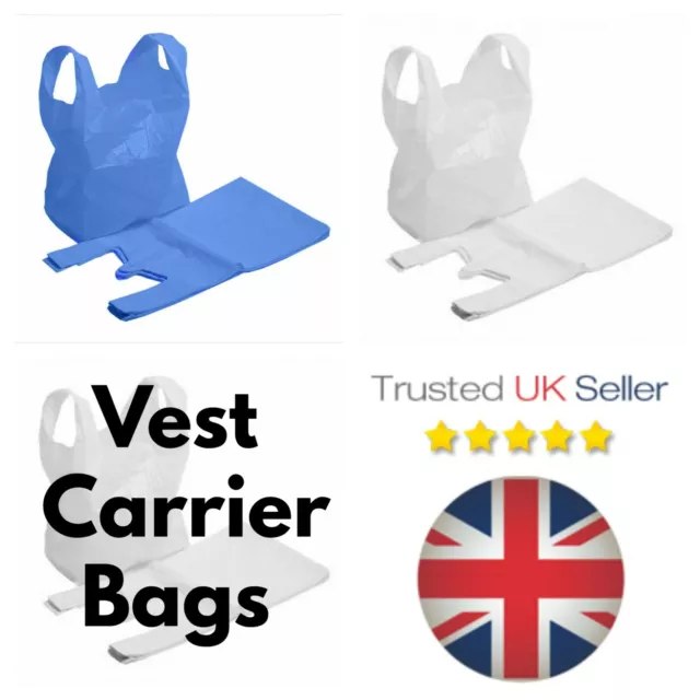 Plastic Vest Carrier Bags Blue Or White Supermarkets Markets Stalls Shops UK