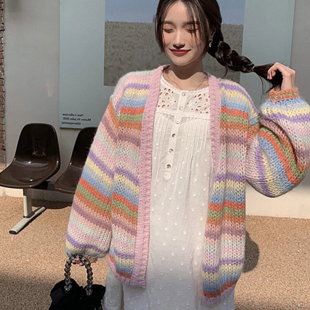 Femme Arc-en-Ciel Rayé Cardigan Pull Tricot Multicolore Desseré Souple