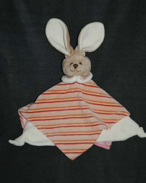 Doudou Plat Lapin BUKOWSKI Rose Rayé Saumon Beige Crème  2 Noeuds TTBE