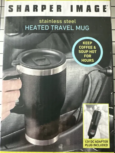 Sharper Image Heated Travel Mug Black Stainless Steel 1004476 With Adapter 14 oz