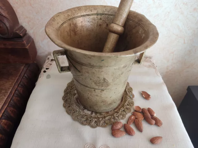 Antique 19th C Hand Crafted Solid Brass Heavy Large Apothecary Mortar & Pestle