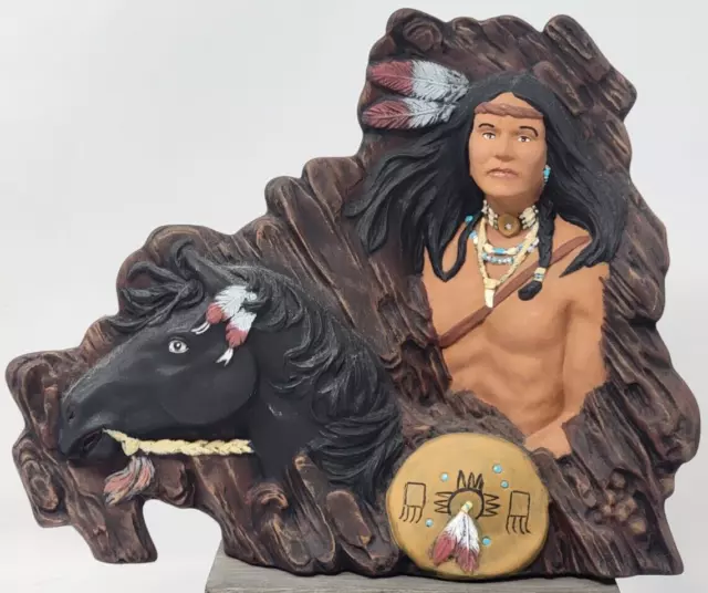 Hobbyist Hand Painted Ceramic Native American Man on Black Horse 8" Figurine