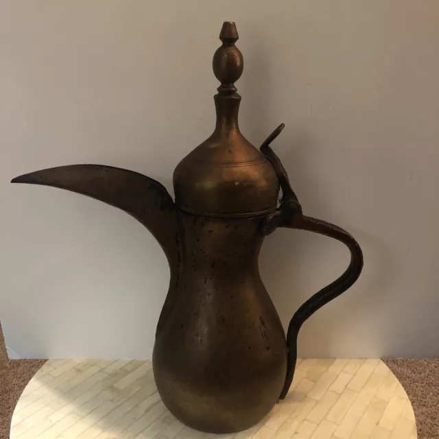 Vintage Islamic Middle East Brass Dallah Coffee Pot 16" High Nice Patina