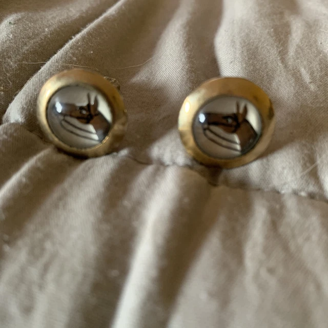 2 Vtg Anson Horse Glass Cabochon Gold Tone Cufflinks Facet Dome MCM 1946 Patent
